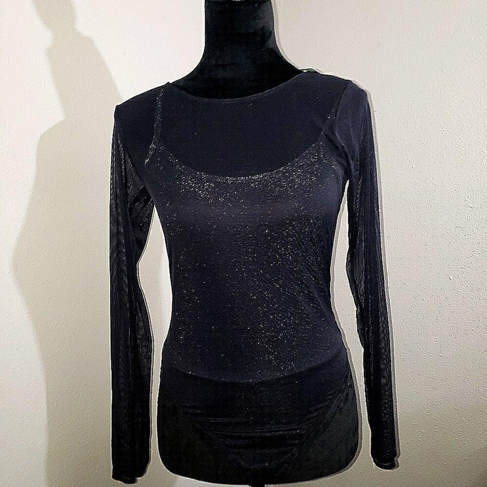 Sexy Women Mesh Top shinny, See Through Sheer Long Sleeve Thong body suit